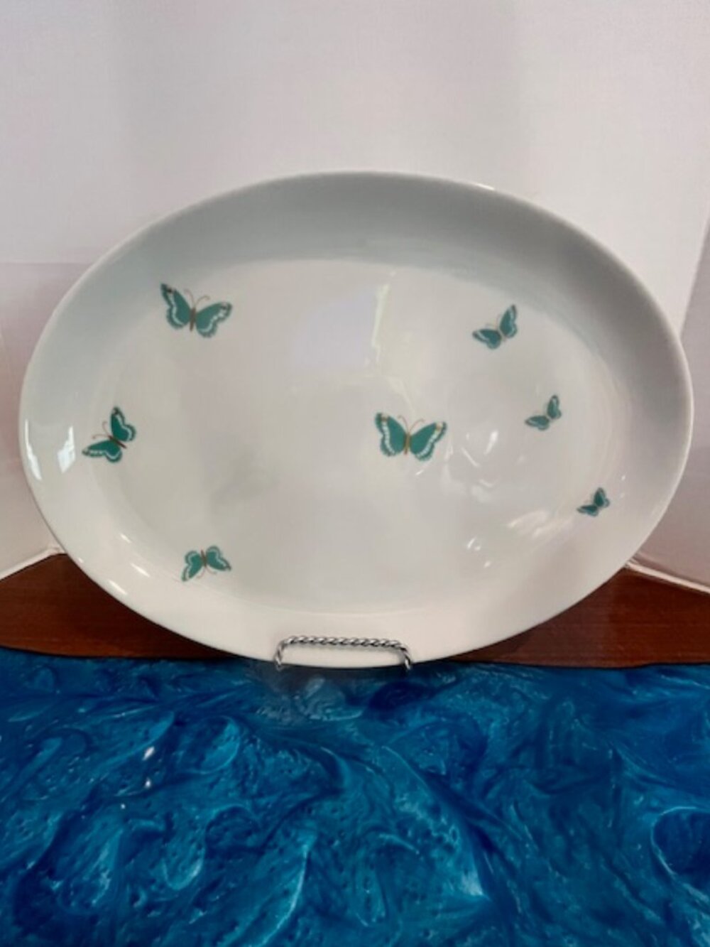 Vintage Jean Luce Blue Butterfly w/ Gold Accents Large Oval Serving Platter Tray